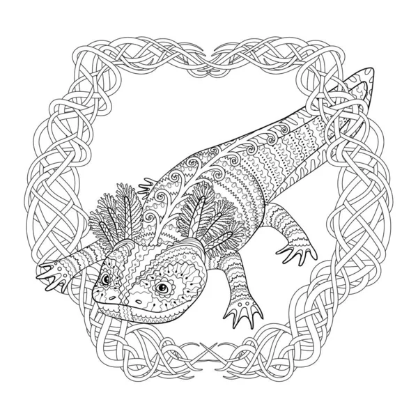 Kleurplaat pagina met Axolotl in patroon stijl. — Stockvector