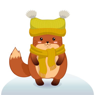 Şirin, mutlu tilki ile kış vektör illüstrasyonu.