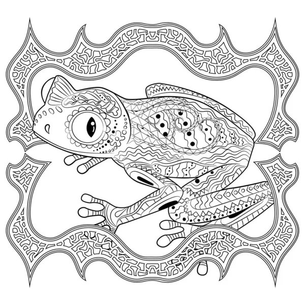 Coloring page with frog in patterned style. — Stock Vector