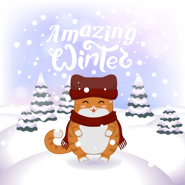 Ilustração do vetor de inverno com gato feliz bonito . — Vetor de Stock