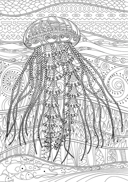 Altas medusas detalhadas para colorir livro para adultos — Vetor de Stock
