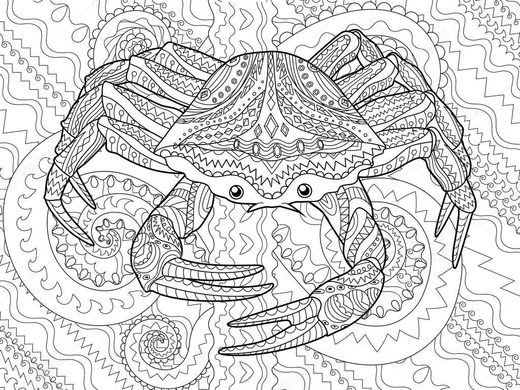 Antistress coloring page for adults with sea crab.