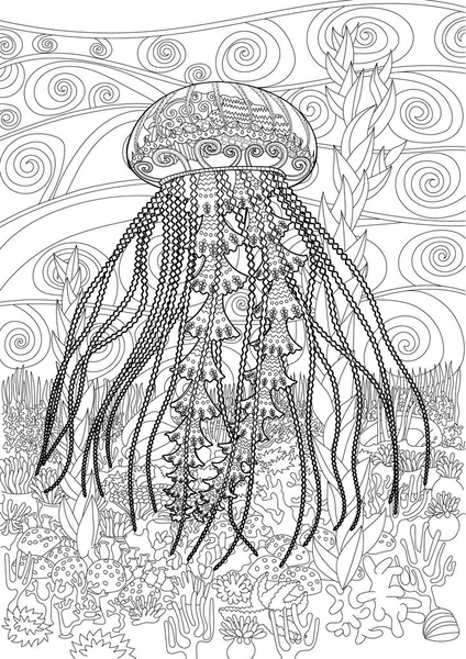 Alta medusa detallada para colorear libro para adultos — Vector de stock