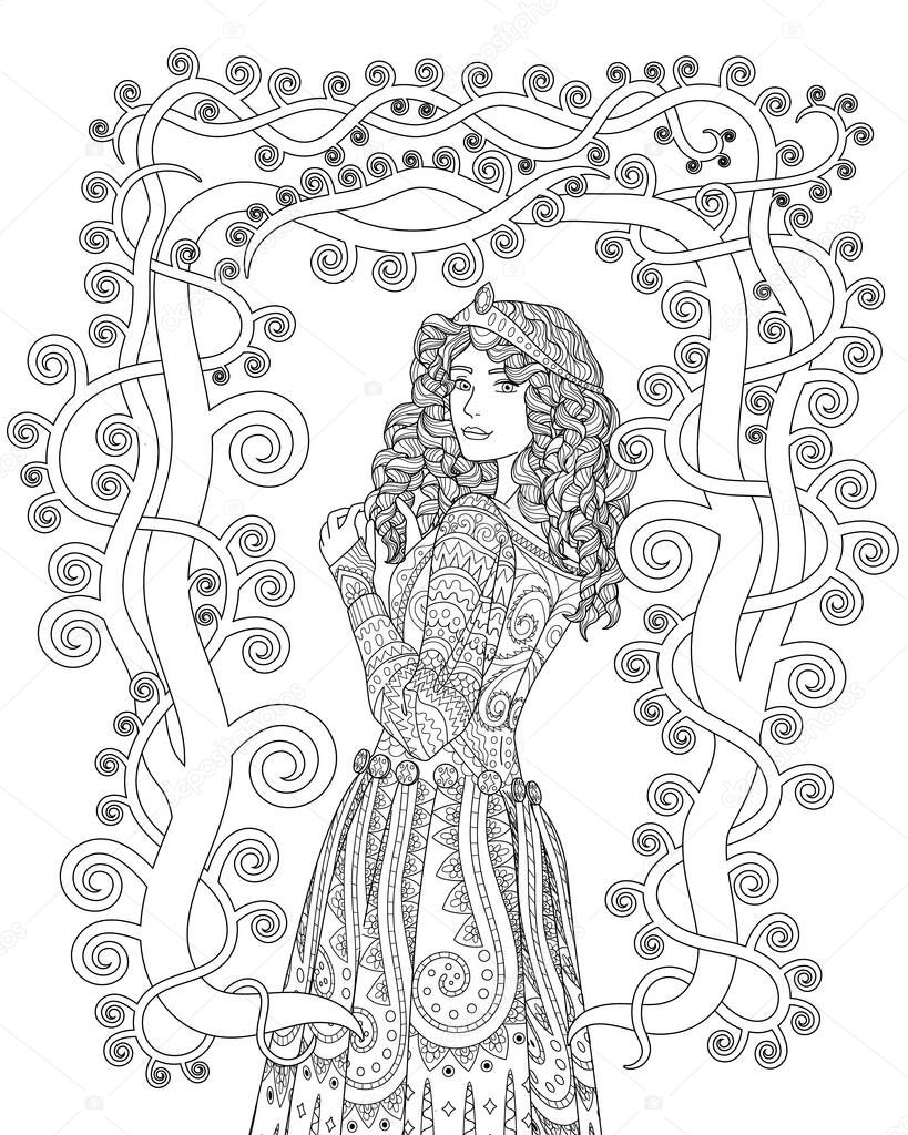 Coloring book for adults with beautiful medieval lady