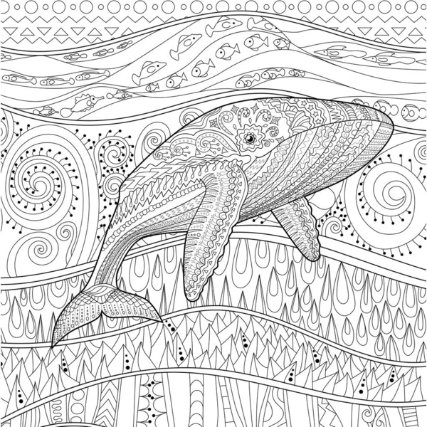 Coloriages pour adulte avec baleine bleue — Image vectorielle