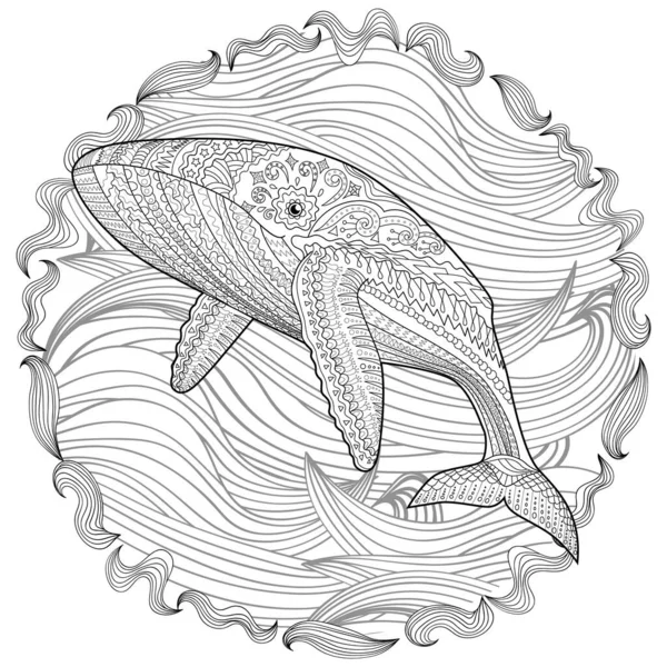 Coloriages pour adulte avec baleine bleue — Image vectorielle