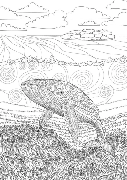 Coloring pages for adult with blue whale — Stockvektor