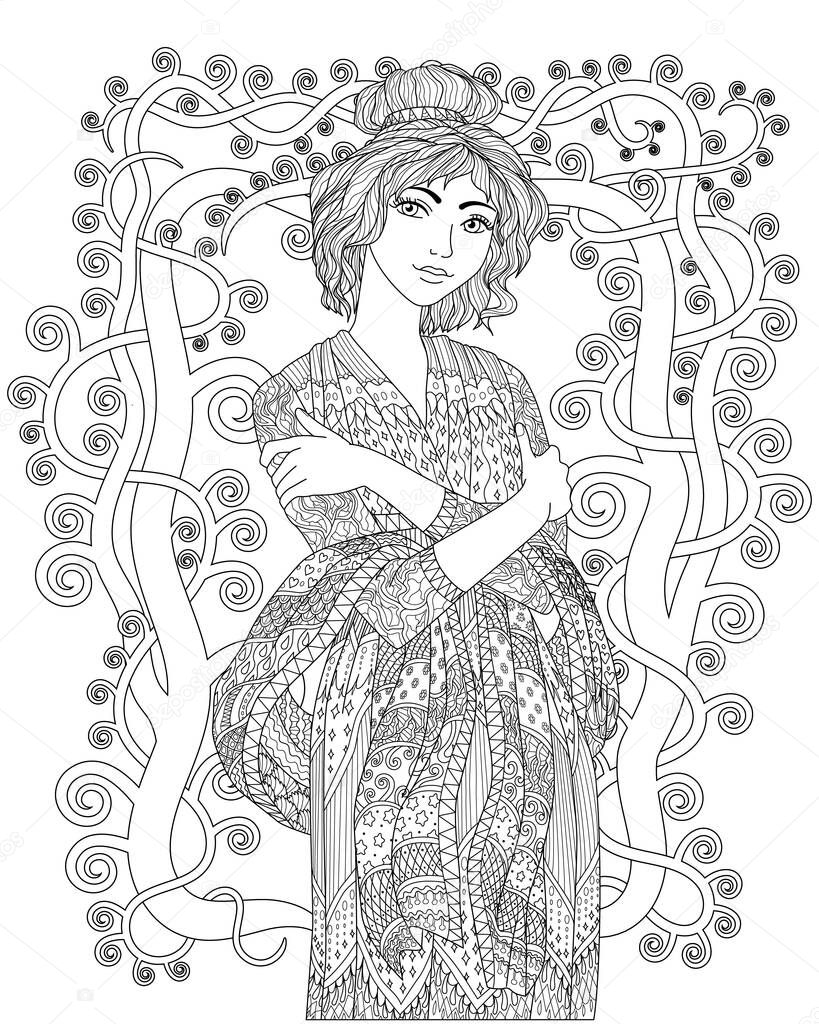 Coloring book for adults with beautiful lady in the empire style
