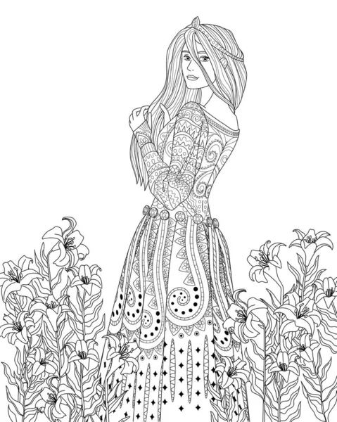 Livre Colorier Pour Adultes Avec Belle Princesse Médiévale — Image vectorielle