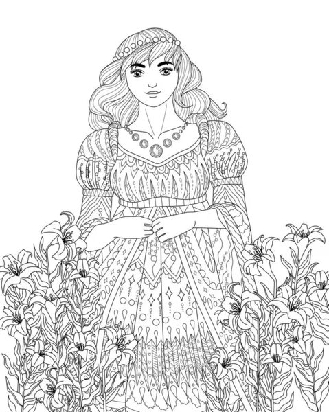 Раскраска Взрослых Красивой Средневековой Принцессой — стоковый вектор