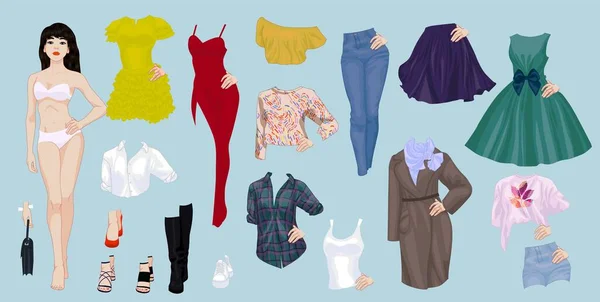 Poupée Papier Une Jolie Fille Asiatique Avec Une Variété Vêtements — Image vectorielle