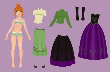 Bir sürü donmuş kağıt elbisesi ve ayakkabısı olan güzel bir kızın kağıt bebeği.