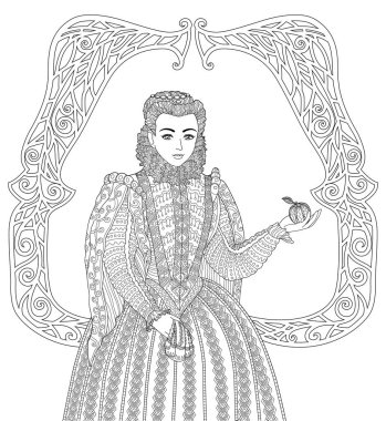 Yetişkinler için ortaçağ prensesi boyama kitabı.