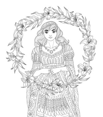 Yetişkinler için ortaçağ kadını boyama kitabı