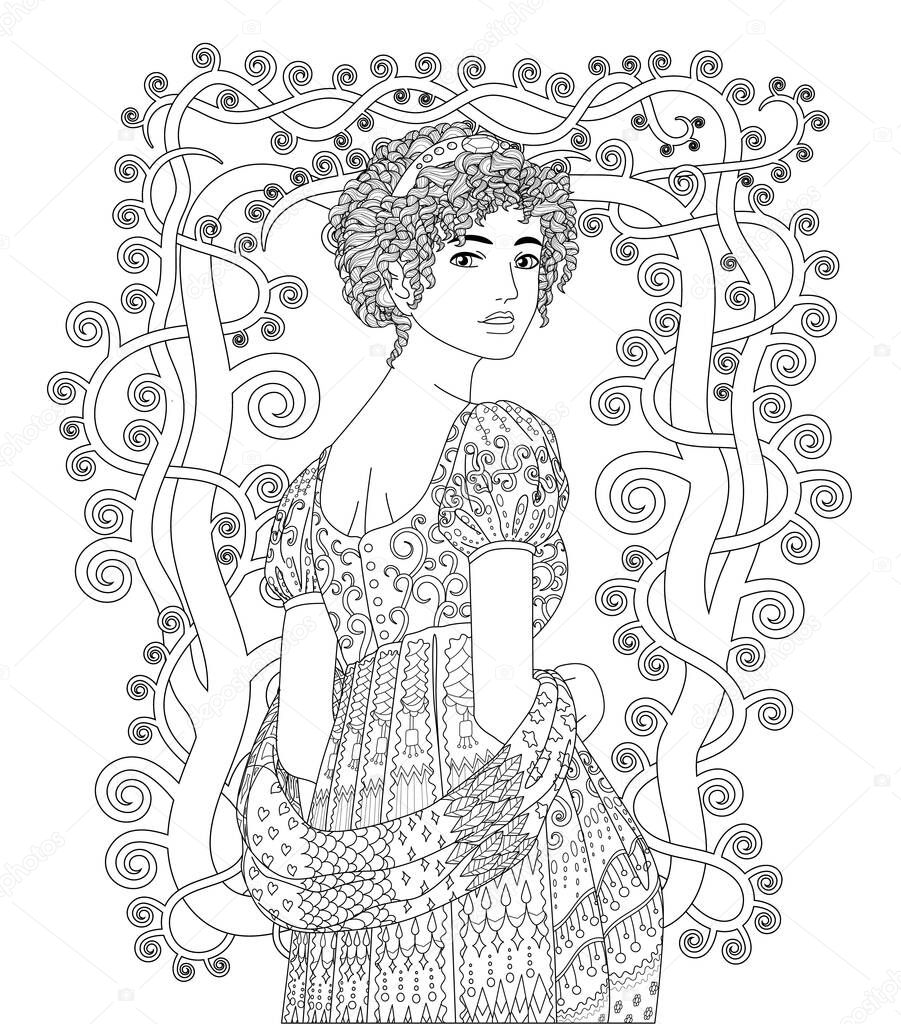 Coloring book for adults with beautiful lady