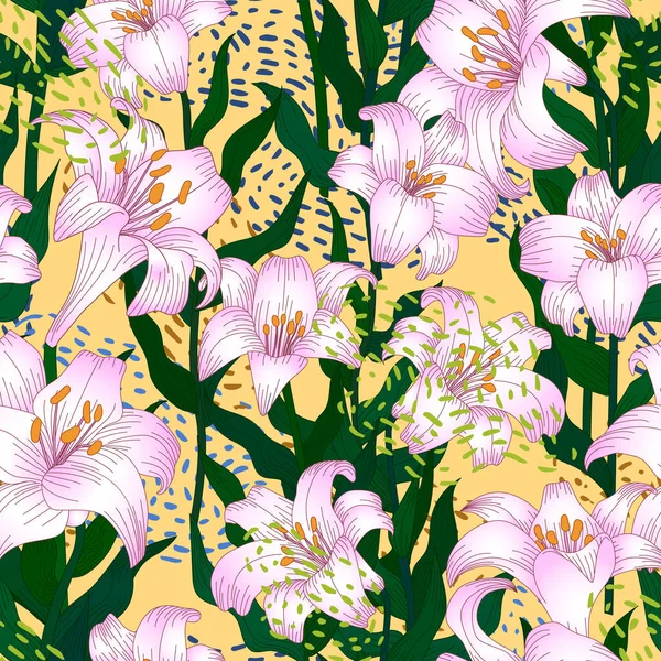 Бесшовный Узор Красивыми Садовыми Цветами Светло Розовые Лилии Повторение Текстуры — стоковый вектор