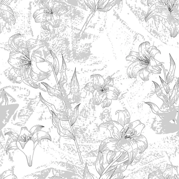 Seamless Pattern Beautiful Garden Flowers Lilies Coloring Page Botanic Objects — Stock Vector