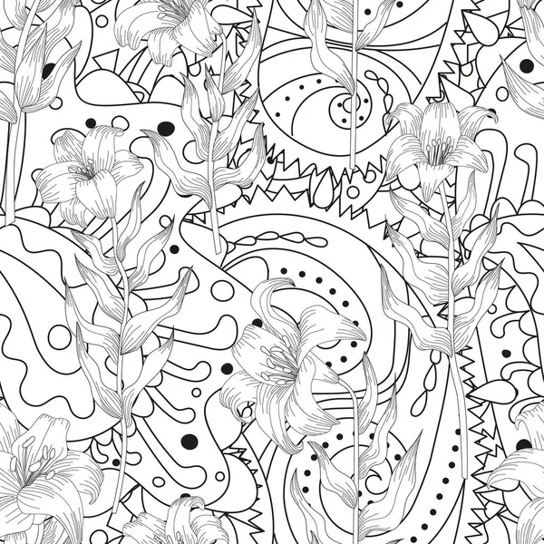 Padrão Sem Costura Com Belas Flores Jardim Lírios Ornamento Zentangle — Vetor de Stock