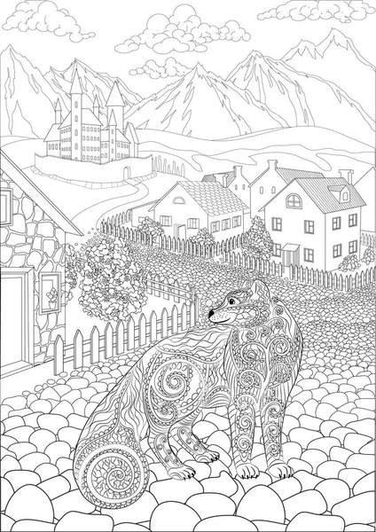 Livre Colorier Pour Adultes Avec Renard Mignon Debout Devant Village — Image vectorielle