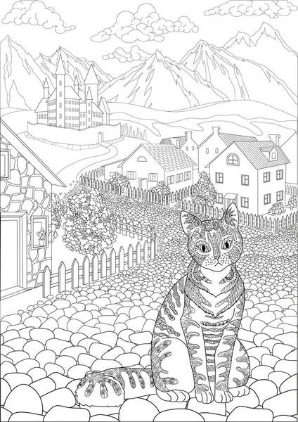 Livre Colorier Pour Adultes Avec Chat Mignon Assis Devant Village — Image vectorielle