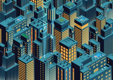 Gece New York. İzometrik perspektif. Karikatür tarzı.