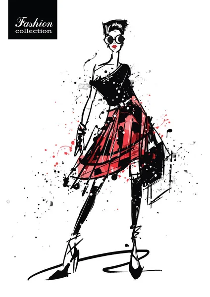 Fille de la mode dans le style croquis. Affiche rétro . — Image vectorielle