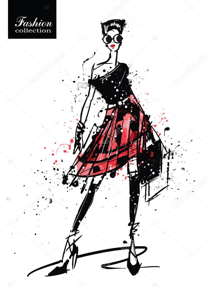 Fashion girl in sketch-style. Retro poster.