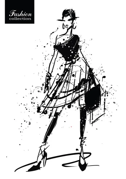 Fille de la mode dans le style croquis. Affiche rétro . — Image vectorielle