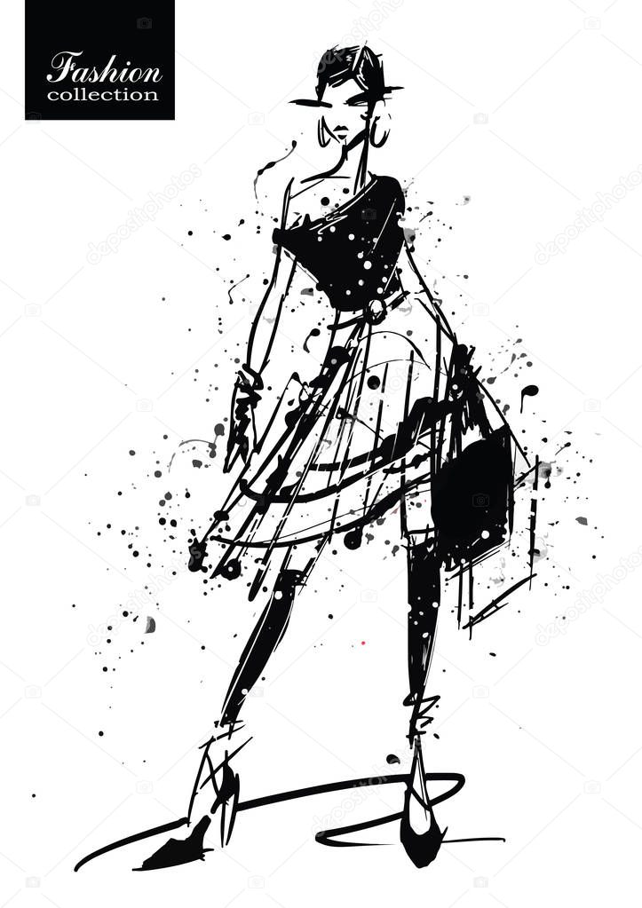 Fashion girl in sketch-style. Retro poster.