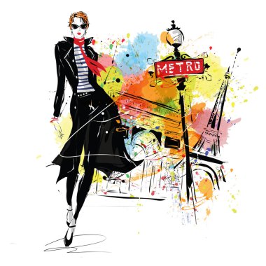 Kroki tarzı moda kız. Grunge illüstrasyon.