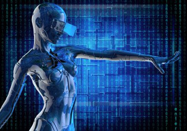 Şık chromeplated cyborg kadın. 3D çizim.