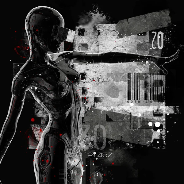 A cabeça de um cyborg em um fundo preto. ilustração 3d . — Fotografia de Stock