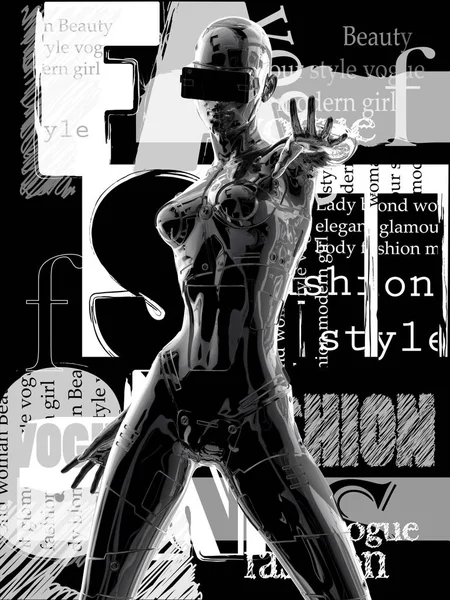 Der Kopf eines Cyborgs auf schwarzem Hintergrund. 3D-Illustration. — Stockfoto