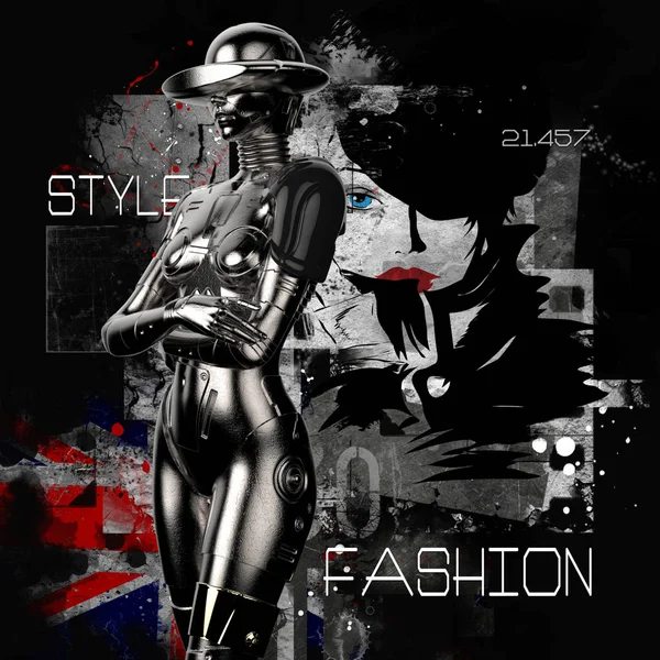 3D-Illustration. der stylische Cyborg die Frau auf Grunge-Hintergrund. — Stockfoto