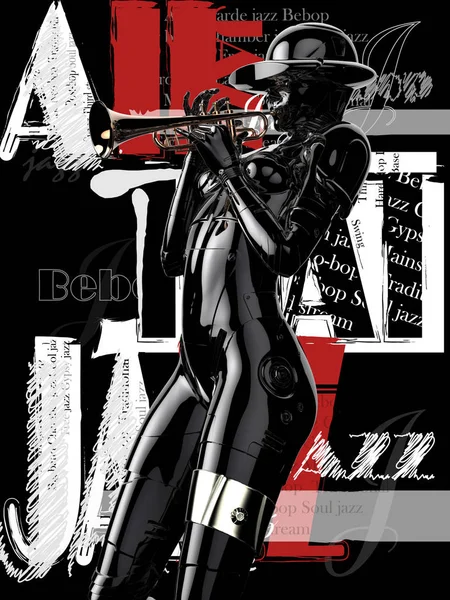 3D-Illustration. stylischer Cyborg, die Frau mit der Trompete. — Stockfoto