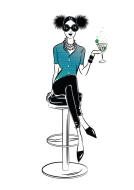 seksi kız ve yangın musluğu kroki tarzı bir cadde kafe arka planda. vektör çizim