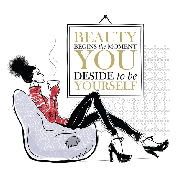 Fashion girl in sketch-style with fashionable quote. — Stock Vector