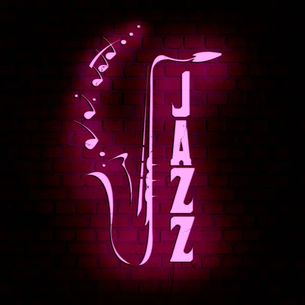 Jazz - Neon lysrör logga på murverk — Stockfoto