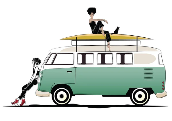 Two stylish girls and green bus. — Stock Vector