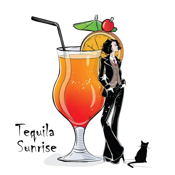 Illustrazione disegnata a mano di cocktail con ragazza . — Vettoriale Stock