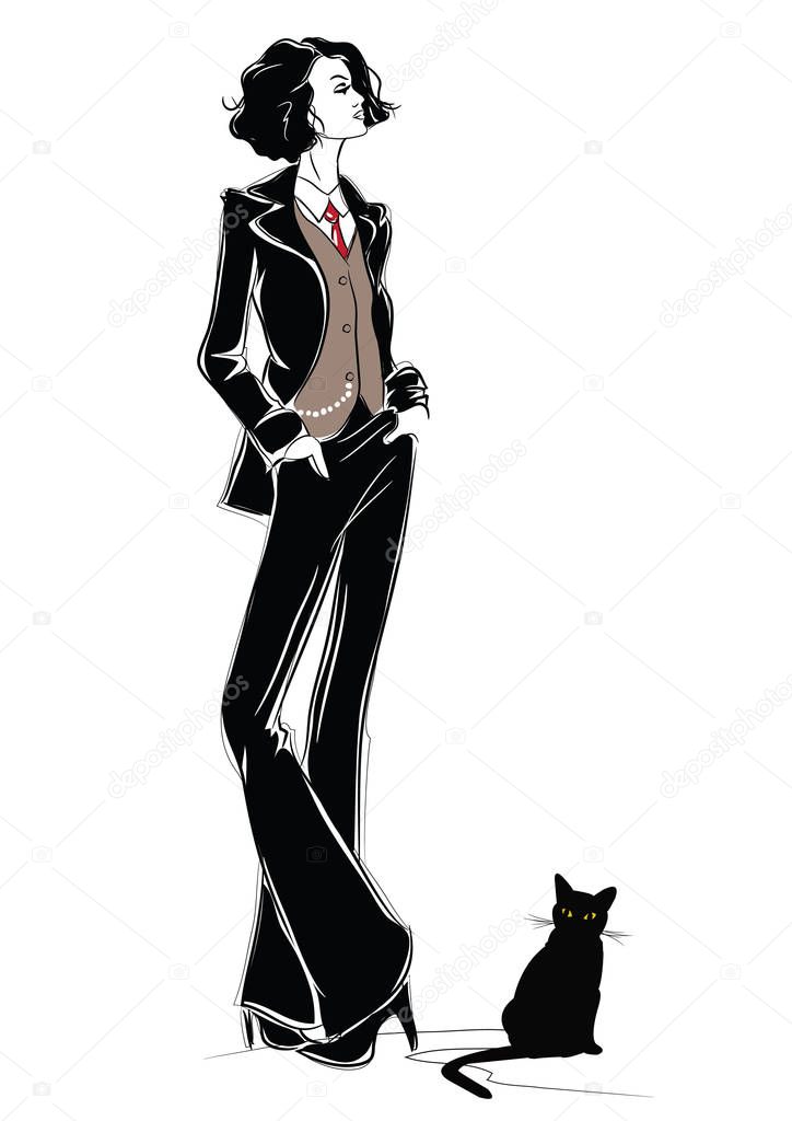 Fashion woman in sketch style with black cat.