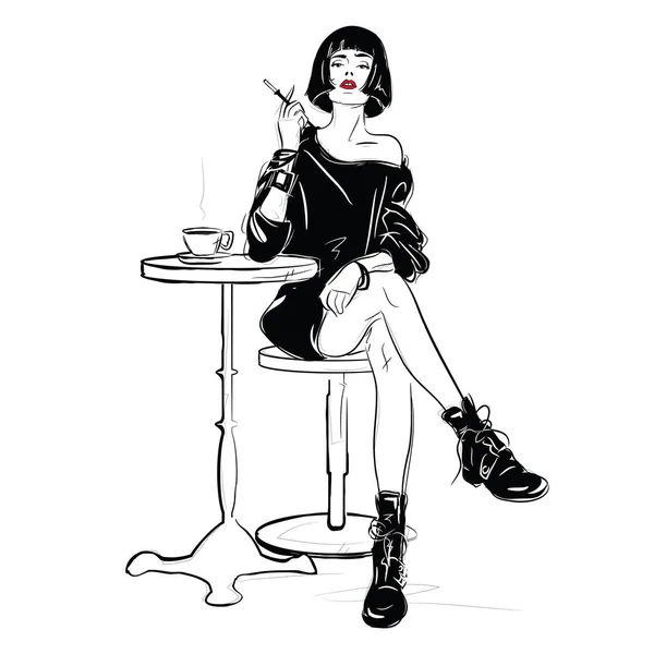 El fashiongirl en estilo de boceto se sienta en la cafetería . — Vector de stock