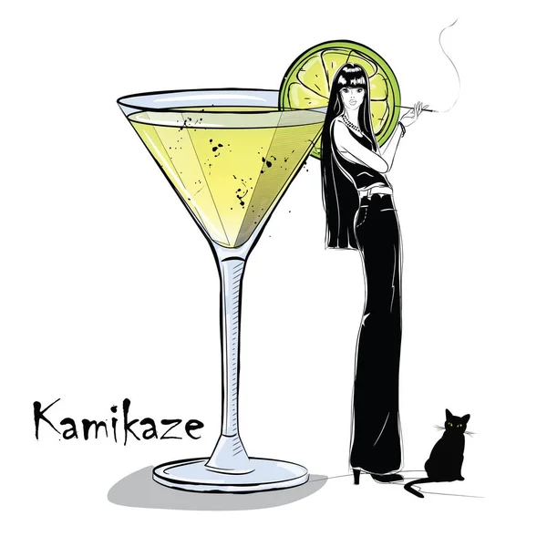 Illustrazione disegnata a mano di cocktail con ragazza . — Vettoriale Stock