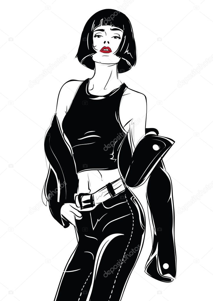 Fashion girl in sketch style on a white background.