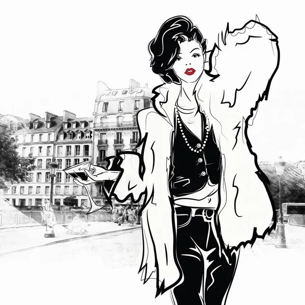 Modemädchen im Sketch-Stil mit einem Glas Wein oder Martini in Paris. — Stockfoto
