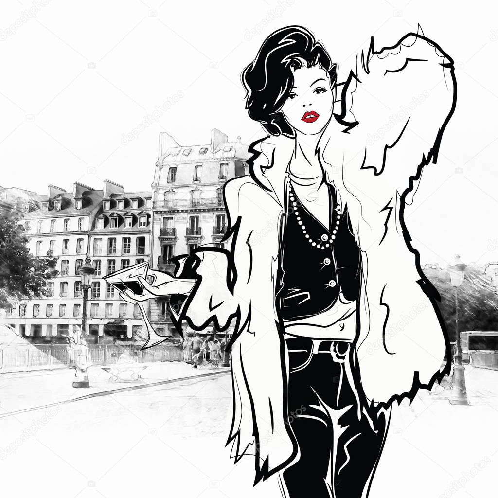 Fashion girl in sketch style with a glass of wine or Martini in Paris.