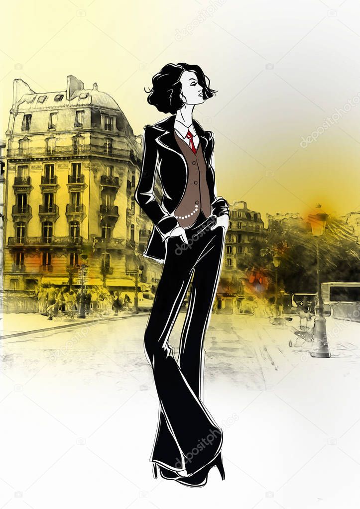 Fashion girl in sketch style in Paris.