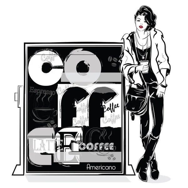 Mode meisje in schets stijl met koffie-poster. — Stockvector