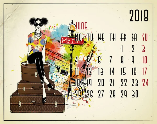 Junio. Calendario europeo 2018 con chica de moda — Foto de Stock