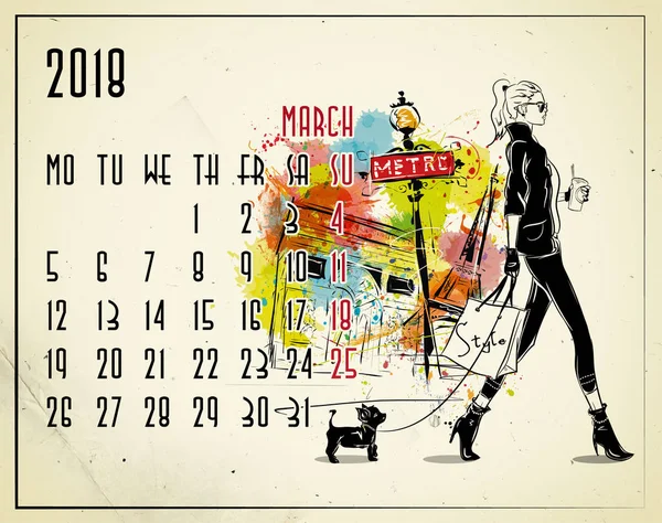 Marzo. Calendario europeo 2018 con chica de moda — Foto de Stock